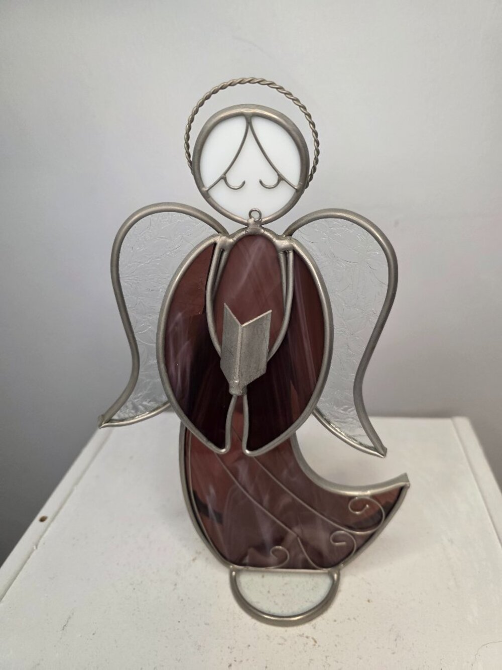 Vintage Purple Stained Glass Angel With Songbook Free Standing 10"